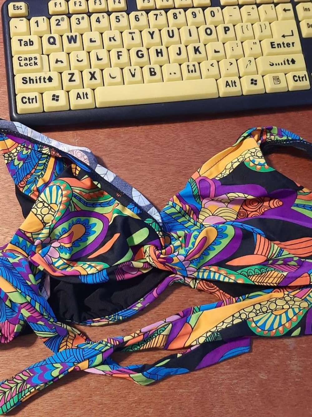 NEW TAG ! Bikini Bay Taux Tie Back Bra Top Funky Multicolor Size 32DD